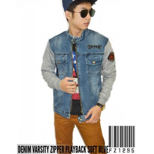 Denim Varsity Zipper Playback Jacket Soft Blue