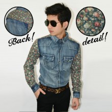 Kemeja Denim Flower Combination Green