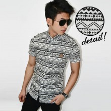 Kemeja Short Monochrome Tribal White