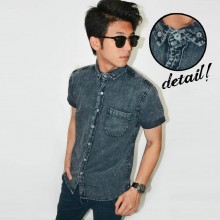 Kemeja Short Denim Simple Black Faded