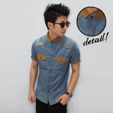 Kemeja Short Denim Suede Double Pocket