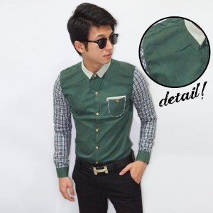 Kemeja Sleeve Checkered Neck Contrast Dark Green