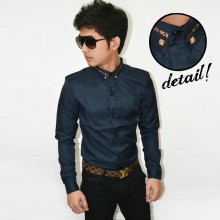 Kemeja Premium Neck Gold List Navy