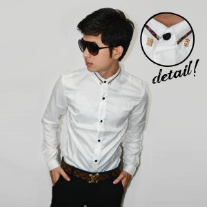 Kemeja Premium Neck Gold List White