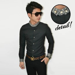 Kemeja Oxford Neck Stripe Black
