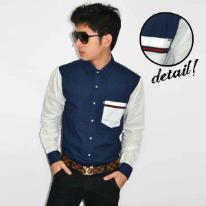 Kemeja Sleeve Pocket Combination Navy White