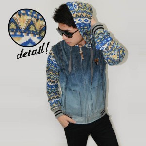Jacket Denim Hoodie Combine Blue Tribal