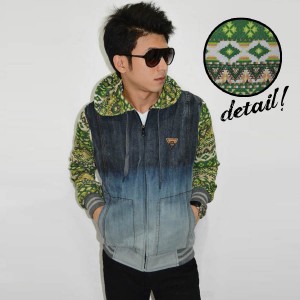 Jacket Denim Hoodie Combine Green Tribal