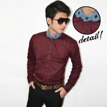 Kemeja Contrast Denim Collar Maroon