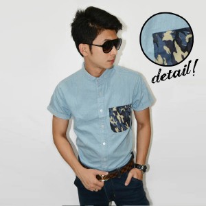 Kemeja Short Denim Pocket Army Soft Blue