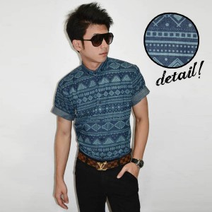 Kemeja Short Denim Tribal Pattern