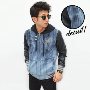 Jacket Denim Mixed Fabric Sleeve Leather