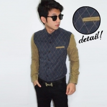 Kemeja Dakron Combination Navy Sleeve Brown