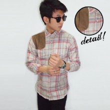 Kemeja Flanel Square Suede Patch Cream
