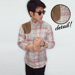 Kemeja Flanel Square Suede Patch Cream