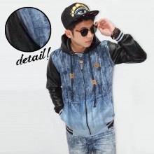 Jacket Denim Hooded And Sleeve Leather