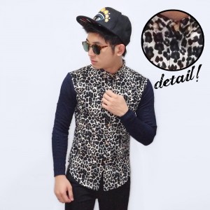 Kemeja Combination Leopard Skin Pattern White