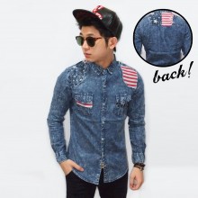 Kemeja Denim Wash American Flag Patch