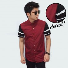 Kemeja Short Maroon Sleeve Black Stripe
