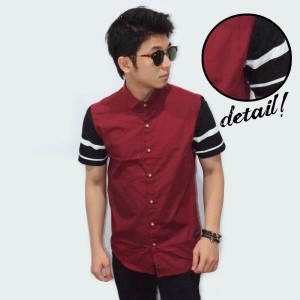 Kemeja Short Maroon Sleeve Black Stripe