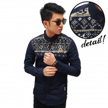Kemeja Long Block Tribal Ethnic Navy