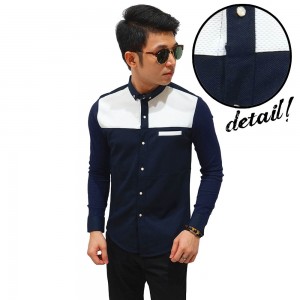 Kemeja Waffle Half Block Navy