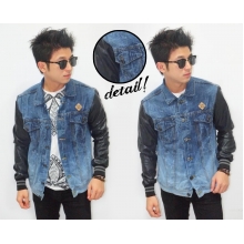 Denim Jacket Leather Sleeves Spotting Washed