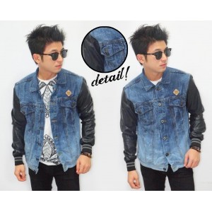 Denim Jacket Leather Sleeves Spotting Washed
