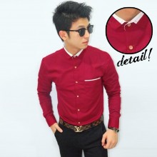 Kemeja Collar White List Maroon