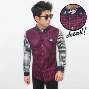 Kemeja Square And Stripe Maroon - LIMITED