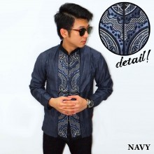 Baju Koko Panjang Bordir Abstract Navy