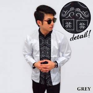 Baju Koko Panjang White Bordir Kotak Grey