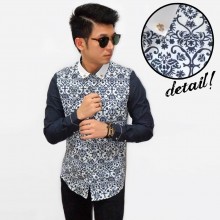 Kemeja Motif Ethnic Floral Sleeve Navy