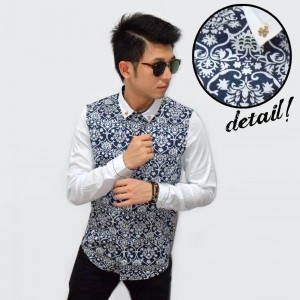 Kemeja Motif Ethnic Floral Sleeve White