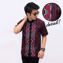 Baju Koko Pendek Bordir Tenun Maroon