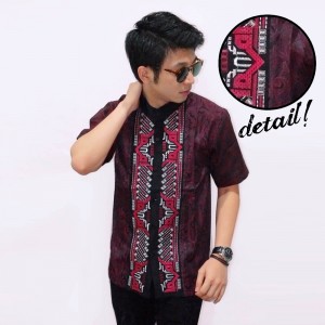 Baju Koko Pendek Bordir Tenun Maroon