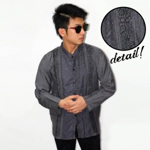 Baju Koko Panjang Double Bordir List Grey