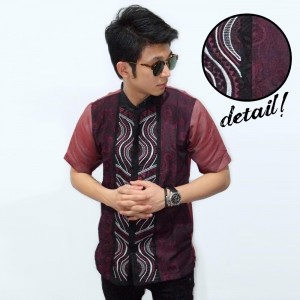 Baju Koko Pendek Bordir Combine Batik Maroon