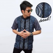 Baju Koko Pendek Bordir Combine Batik Navy