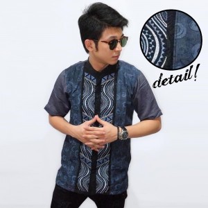 Baju Koko Pendek Bordir Combine Batik Navy