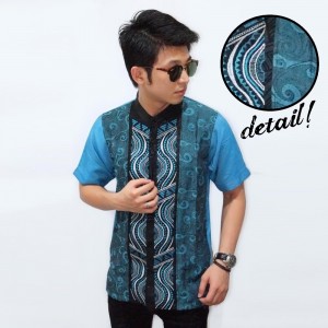 Baju Koko Pendek Bordir Combine Batik Soft Blue
