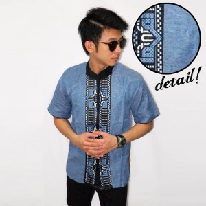 Baju Koko Pendek Bordir Tenun Soft Blue