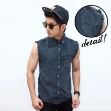 Kemeja Denim Sleeveless Washed Black Faded