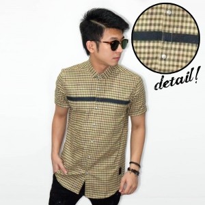 Kemeja Short Flannel Check Middle Line Mustard