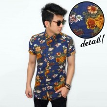 Kemeja Short Linen Floral Pattern Navy
