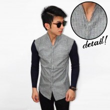 Kemeja Stand Collar Stripe Black