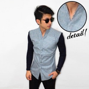 Kemeja Stand Collar Stripe Blue