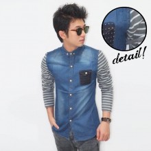 Kemeja Denim Pocket Polkadot Dark Blue