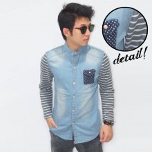 Kemeja Denim Pocket Polkadot Soft Blue
