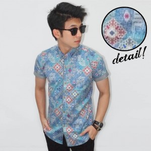 Kemeja Short Modern Batik Tenun Soft Blue